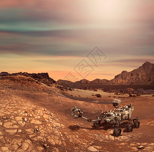 流动站行星火星表面的恒久环绕着地球红色宇宙气氛景观岩石山脉地平线沙漠毅力环境背景