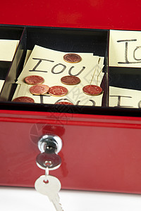 用 IOU 便条和硬币打开框便签特写个人金钱钱盒钥匙金融债务红色静物背景图片