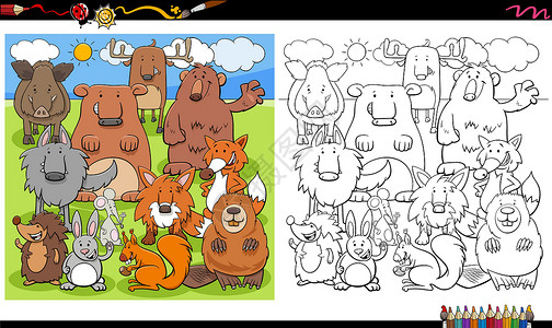 狼们樱花季动物字符组颜色书页群插画