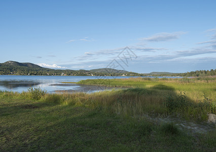 峡湾小城在瑞典地区的市的湖上漫游 夏日阳光明媚 蓝天背景蓝色房子海岸港口村庄旅行爬坡天空时段黄金背景