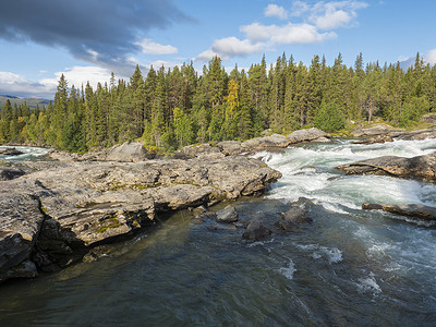 在瑞典拉普兰的有着野生冰川河流Kamajokk 巨石和树林的美丽的北部风景旅行旅游溪流石头云杉树流动冒险环境急流时段背景图片