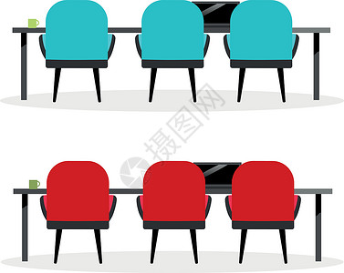 内阁会议桌和椅子 平板颜色矢量物体插图桌子职场物品笔记本房间银行商业成套动画片设计图片