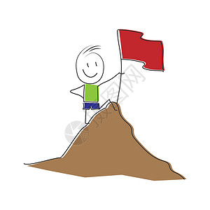 手画人站在山顶上 身着红旗背景图片