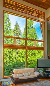客厅大窗户前的皮革沙发和电视机绿色房子木头硬木家具奢华装饰地面财产娱乐背景图片
