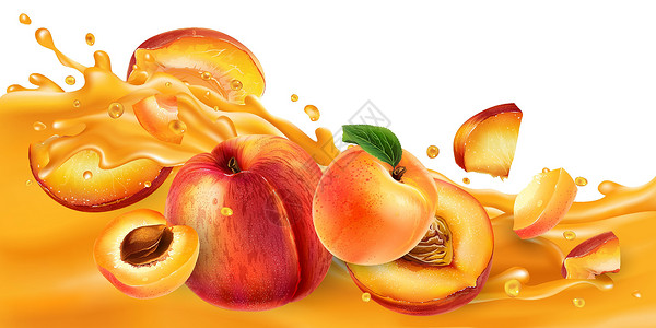两颗桃子果汁波上的整个和切片的桃子和杏子设计图片