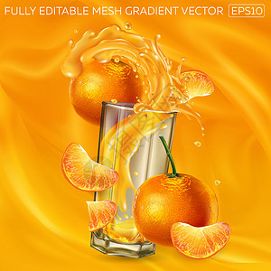 柑桔柑橘和一杯果汁背景上的飞溅果汁设计图片
