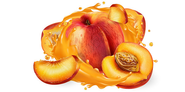 甜油桃整片桃子在果汁的飞溅中切开咖啡店菜单美食食物营养厨房维生素饮食饮料液体设计图片