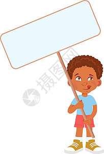 持有旗帜的非洲男孩情感舌头男性小样横幅孩子海报男生黑色展示背景图片