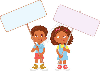 非洲儿童举旗横幅木板海报情感女孩小样展示黑色空白孩子舌头插画