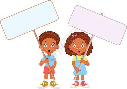 非洲儿童举旗横幅女孩海报情感孩子木板男生黑色小样空白展示背景图片