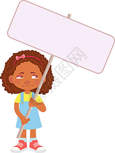 多疑持有横幅的非洲女孩女性空白木板黑色展示海报孩子情感小样忧郁设计图片