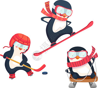 活性印染冬季活性企鹅概念雪堆单板竞赛游戏滑雪者雪橇滑雪板闲暇插图活动插画