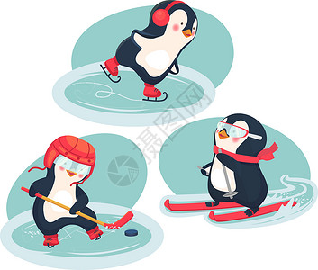 冬季活性企鹅概念滑雪者婴儿活动贴纸曲棍球游戏溜冰者玩家冰鞋滑冰背景图片