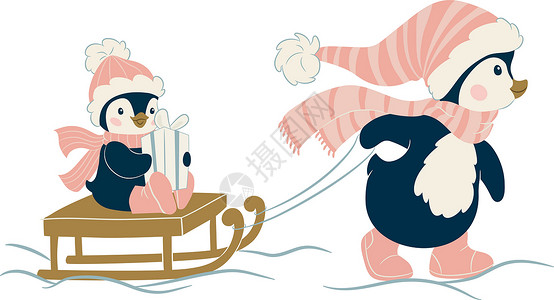 圣诞可爱企鹅帽子雪橇动物卡通片婴儿背景图片