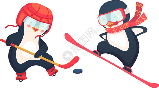 曲棍球第一名企鹅冰球运动员和企鹅滑雪运动员运动曲棍球滑雪板活动滑雪者插图婴儿玩家孩子竞赛插画