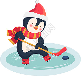 围围巾企鹅企鹅在冬天打冰球孩子们围巾帽子曲棍球运动员冰球玩家插图运动插画