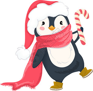 戴圣诞帽子和围巾的企鹅背景图片