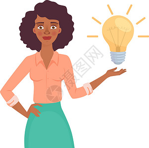 有灯的女商务人士黑色创新灯泡表情创造力女性插图活力天才女士背景图片