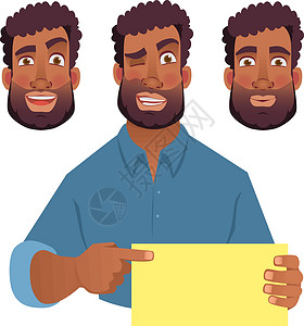 持卡持有空白卡的非洲男子乐趣笔记招牌员工木板推介会男人标语喜悦手指设计图片
