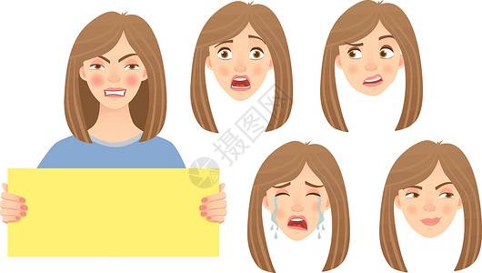 女人不开心妇女持有一套标志情感女性女孩海报插图泪珠备忘录眼泪木板卡通片插画