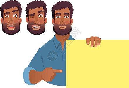 非洲男子拿着空白横幅招牌黑色广告牌男人胡须微笑手指手臂木板海报背景图片