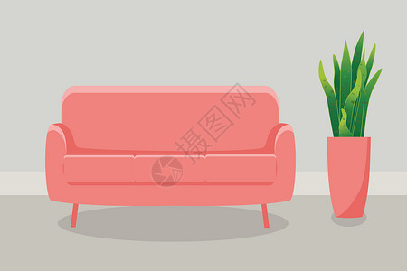 房间里的红沙发插图绿色植物椅子红色长椅花瓶摆设背景图片