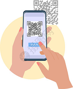 手机扫描二维码扫描 QR 代码零售现金二维码店铺扫描器电话手机钱包卡片展示插画