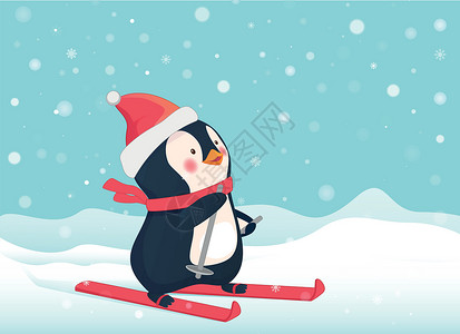 滑雪上企鹅雪堆滑雪者滑雪板婴儿卡通片背景图片