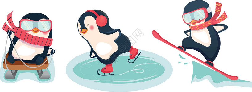 活性印染冬季活性企鹅休闲季节溜冰者滑雪孩子乐趣卡通片动物训练雪橇插画