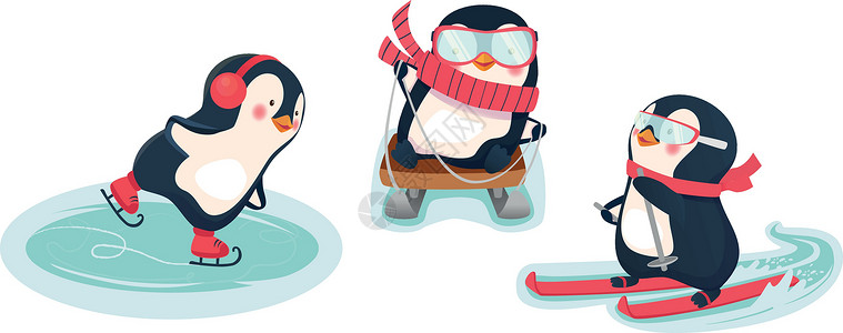 马拉雪橇冬季活性企鹅活动卡通片闲暇动物降雪运动孩子乐趣婴儿滑雪板插画