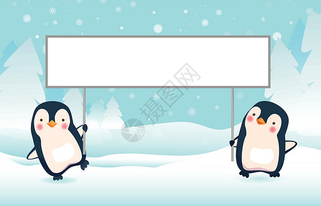 两只企鹅拿着横旗空白白色小样横幅降雪卡通片动物插画