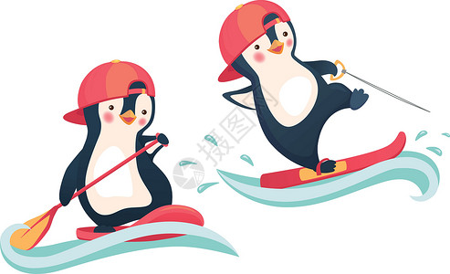 滑水和SUP板桨板运动闲暇乐趣冒险滑水板海浪晚饭海洋滑雪插画