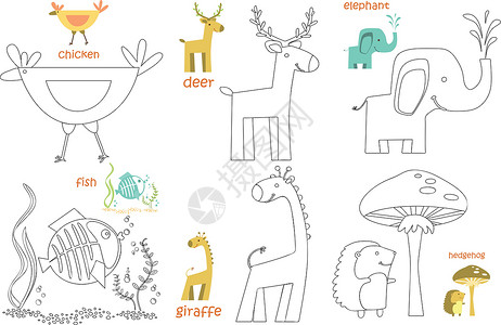 儿童着色页面集涂鸦动物插图染色刺猬卡通片背景图片