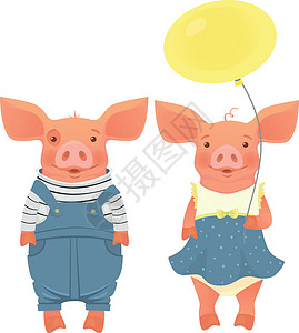 两只拿着气球的猪插图动物家庭夫妻友谊伙伴工作朋友团队环境插画