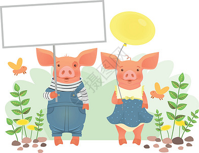 拿着气球的猪两只猪拿着牌子和气球白色招牌罢工快乐广告牌农场木板指示牌婴儿插图插画