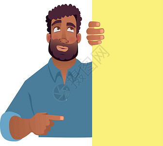 木板牌子非洲男子拿着空白横幅广告牌插图标语男性海报男人黑人笔记文档手臂插画