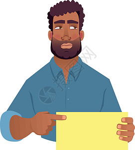 多疑持有空白卡的非洲男子木板信息图表忧郁卡片口号男人插图手指黑色设计图片