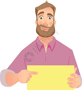 自负的持有空白纸的男子学生自负人士卡片商务小样手指招牌胡须横幅设计图片