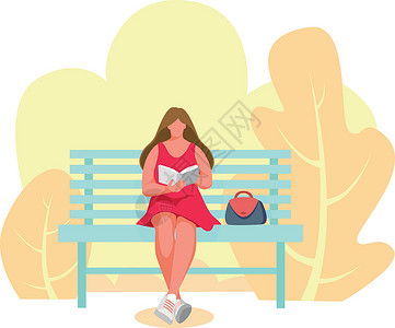 新款潮包坐在长椅上的女孩女性插图女士女人长凳潮人公园卡通片插画