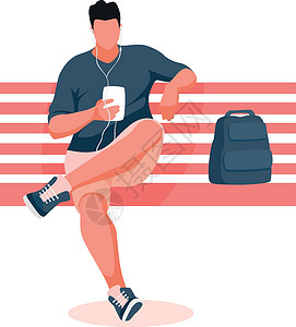 电话耳机素材男人坐在长椅上手机背包音乐插图电话男性卡通片耳机潮人白色插画