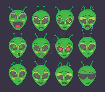 外星头  设置黑色符号表情外星人矢量绿色火星飞碟动物背景图片