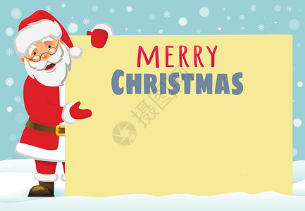 持有旗帜的圣诞老人微笑手套空白横幅快乐小样插图帽子雪花背景图片