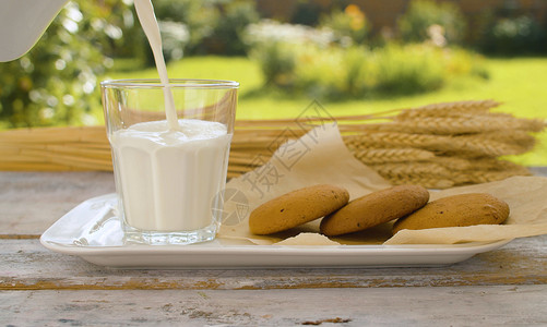奶水不足将奶水倒入玻璃杯中营养花园产品国家桌子奶制品耳朵房子水壶食物背景