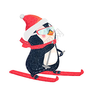 企鹅滑雪滑雪上企鹅婴儿卡通片季节滑雪板滑雪者雪堆绘画背景