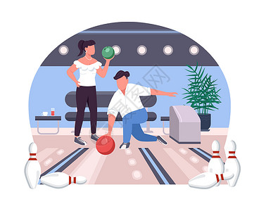 保龄球馆2D矢量网络横幅 海报中的一对夫妇插画