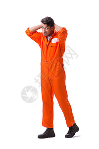 穿着橙色长袍的囚犯 在白色背景上被孤立违法者自由犯罪刑事拘留者跑步悲伤机械累犯男性背景
