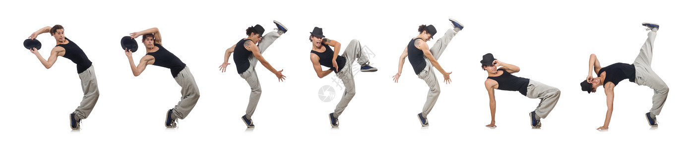 特技演员男人跳舞 孤立在白色上特技活动舞蹈家锻炼说唱拼贴画冒充体操派对跳跃背景