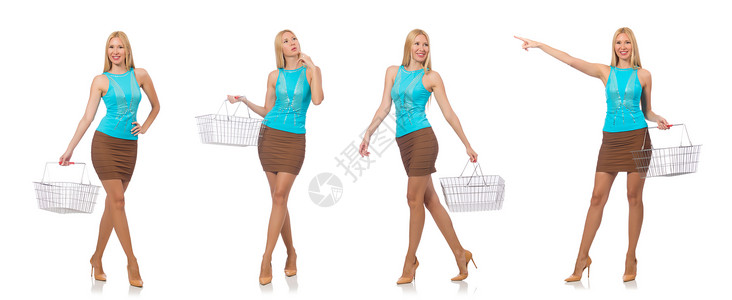 女性在购物概念中孤立于白色店铺礼物零售购物中心微笑食物姿势客户拼贴画销售背景图片