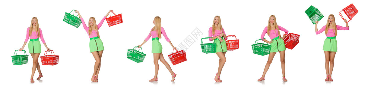 女性在购物概念中孤立于白色微笑篮子购物中心销售市场收藏大卖场杂货店顾客大车背景图片