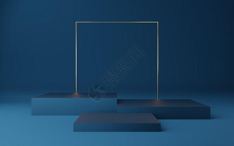 三个便签边框空的蓝色立方体讲台 蓝色有金色边框和金色正方形领导者工作室店铺推介会木板比赛大理石金属装饰金子背景